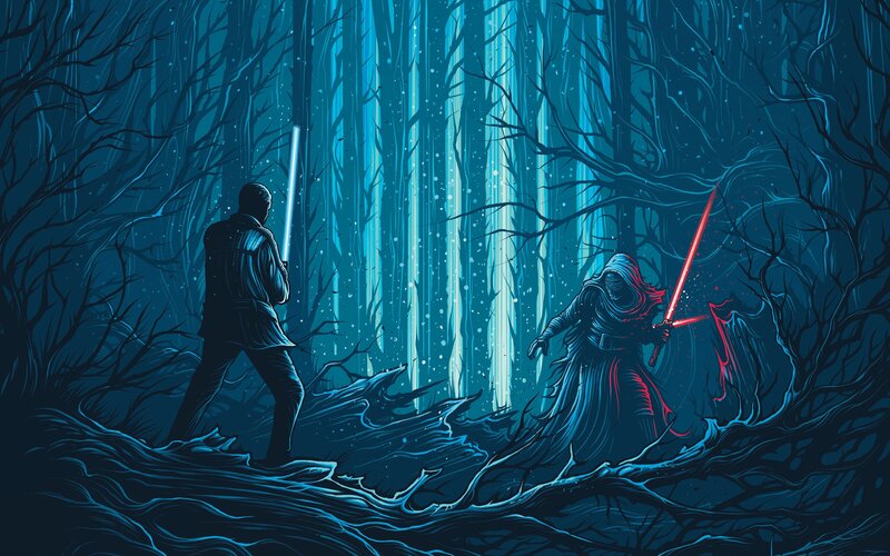 Two Figures with Lightsabers — Blue, Dramatic, Night, Digital Art, Forest