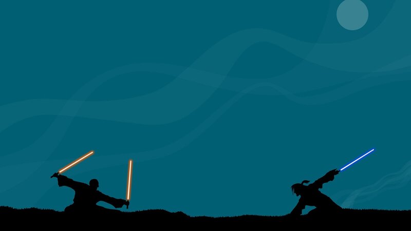 Two Figures with Lightsabers — Blue, Dramatic, Night, Digital Art, Moon