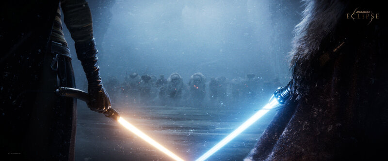 Two Figures with Lightsabers — Blue, Dramatic, Winter