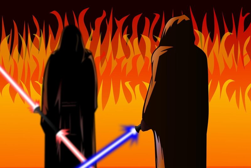 Two Figures with Lightsabers — Orange, Dramatic