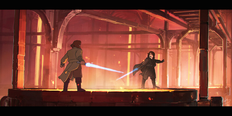 Two Figures with Lightsabers — Red, Dramatic