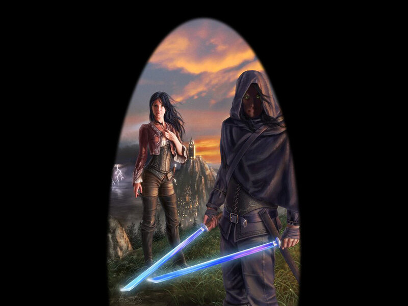 Two Figures with Lightsabers