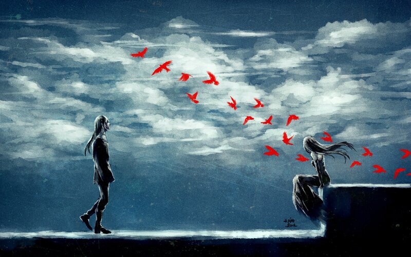 Two Figures with Red Birds — Blue