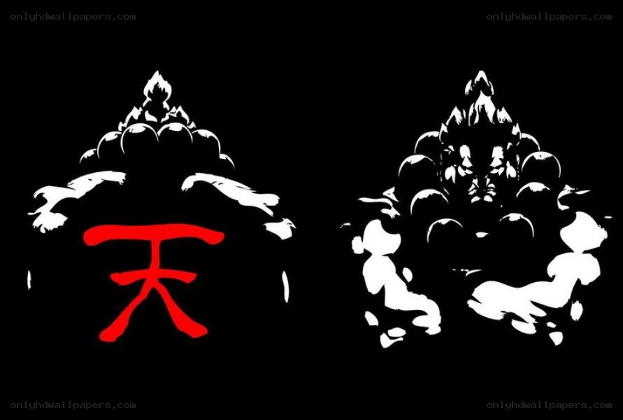 Two figures with red kanji character