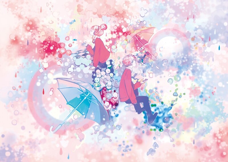 Two figures with umbrellas in a dreamy sky