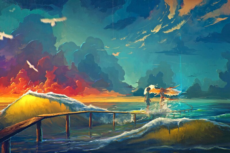 Two Figures with Wings — Blue, Dramatic
