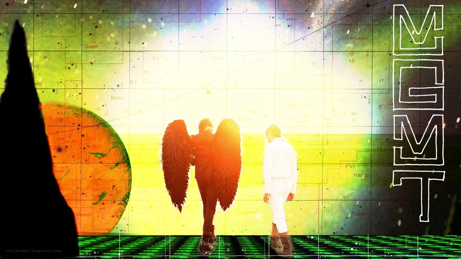 two figures with wings on a cosmic map
