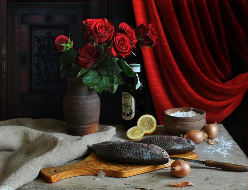 Two Fish on Cutting Board