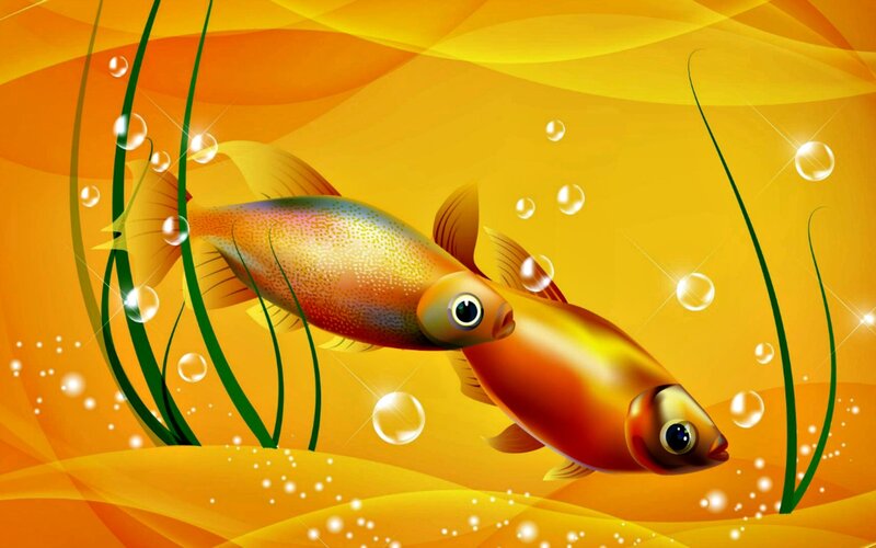 Two Fish Swimming — Yellow, Serene, Digital Art