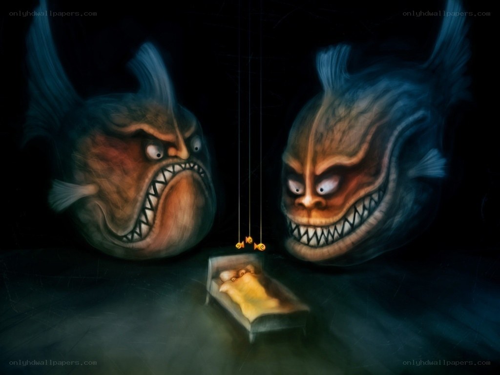 Two fish watching a sleeping child