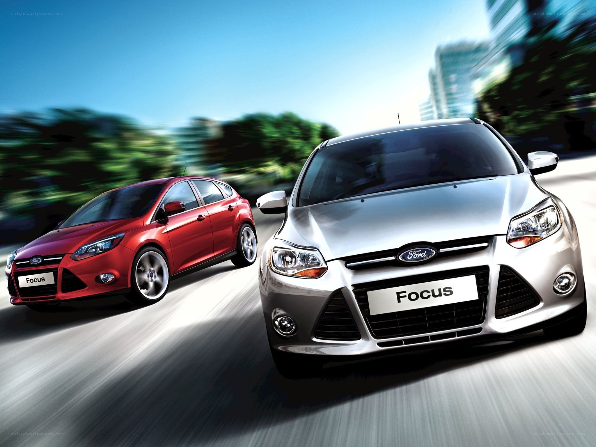 Two Ford Focus cars in motion