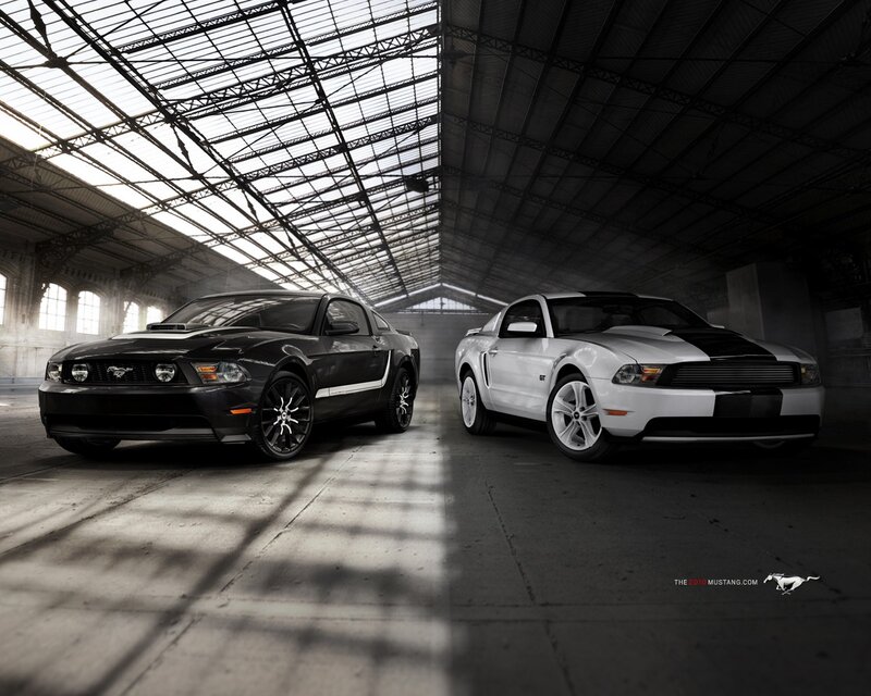 Two Ford Mustang Cars — Black, Dramatic, Photograph, Warehouse, Light
