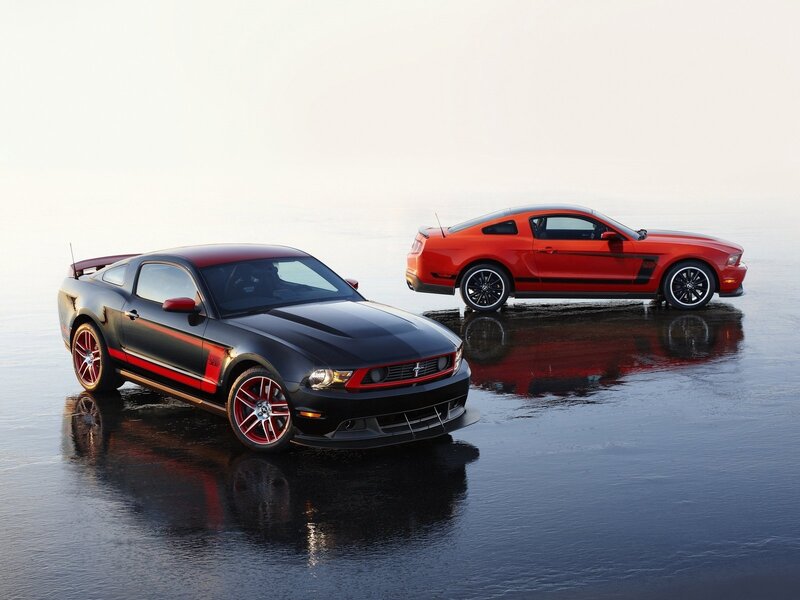 Two Ford Mustang Cars — Black, Dramatic, Photograph, Wet Surface, Reflection, Red, Gray