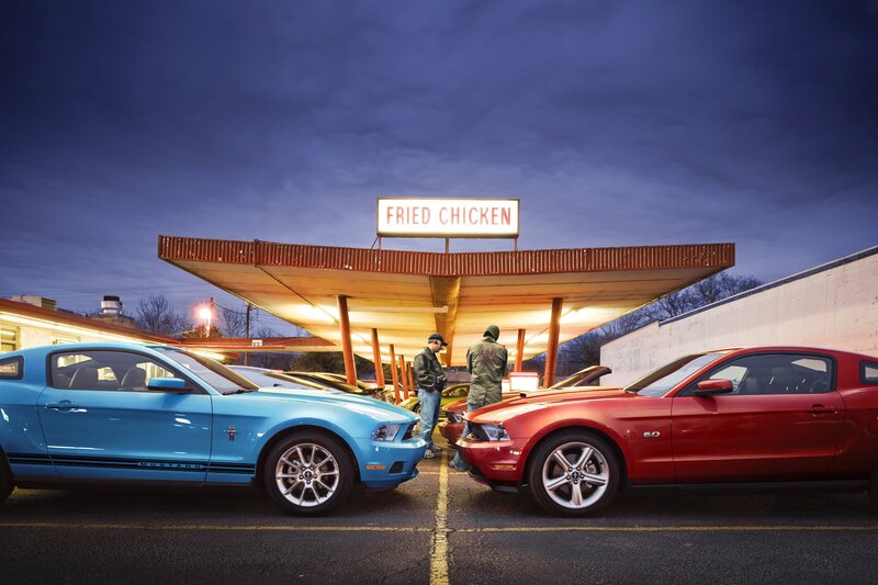 Two Ford Mustang Cars — Blue, Dramatic