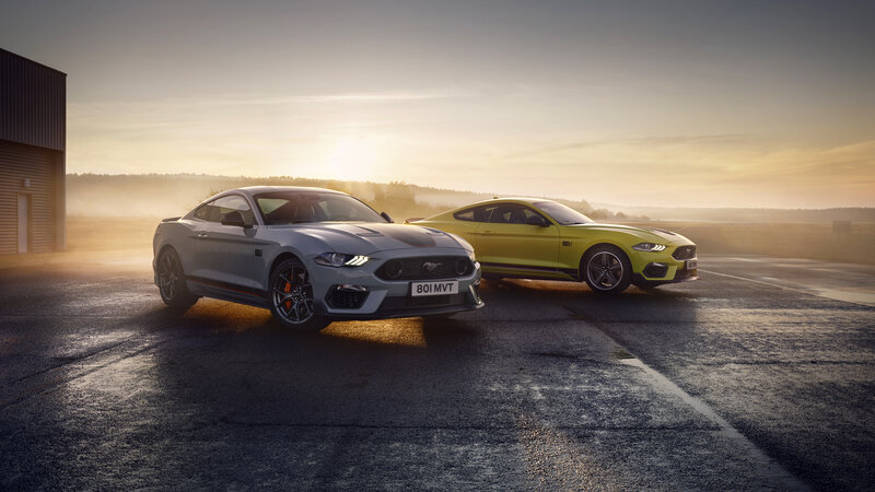 Two Ford Mustang Cars — Gray, Dramatic, Sunset