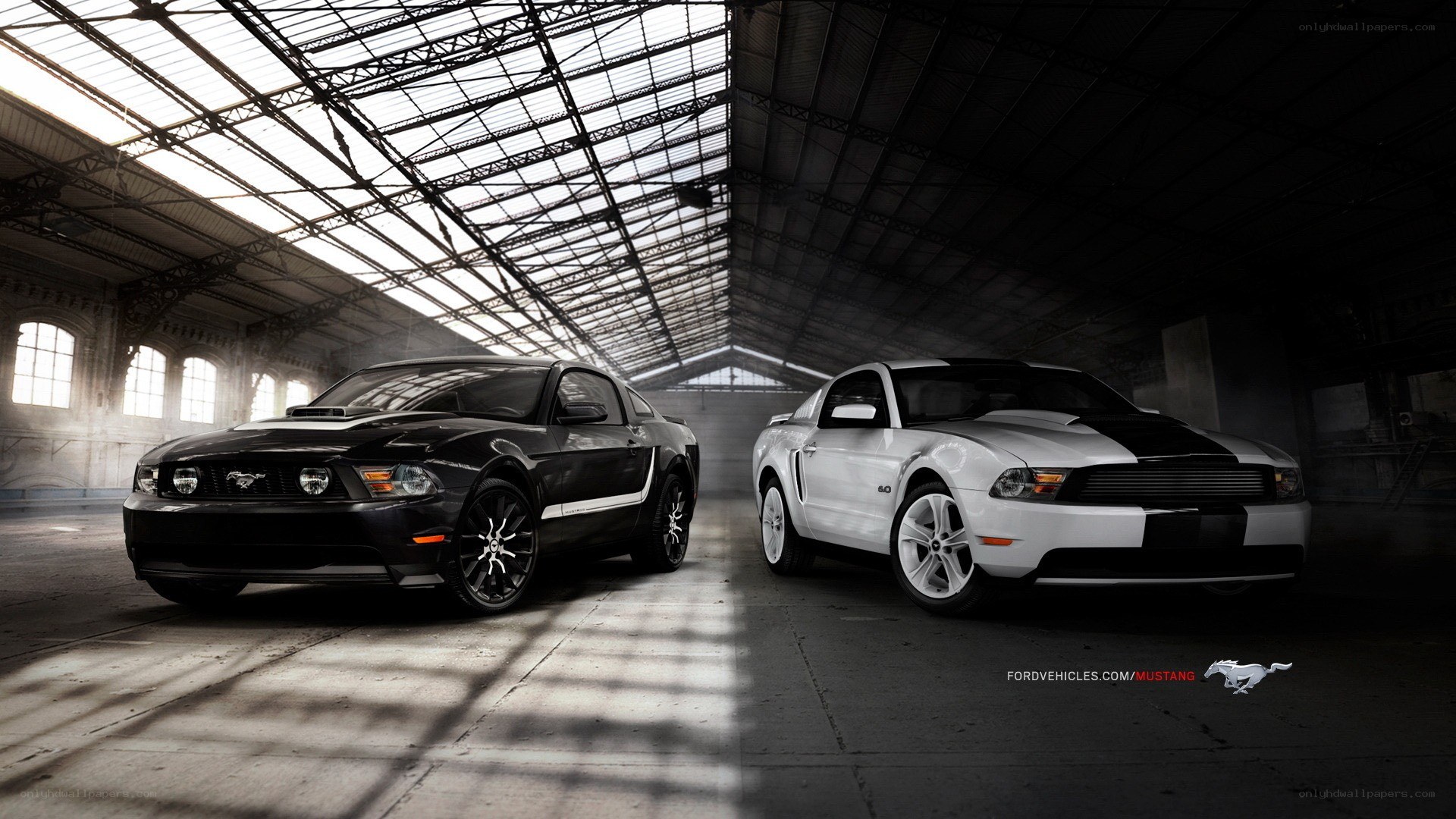 Two Ford Mustangs in a warehouse