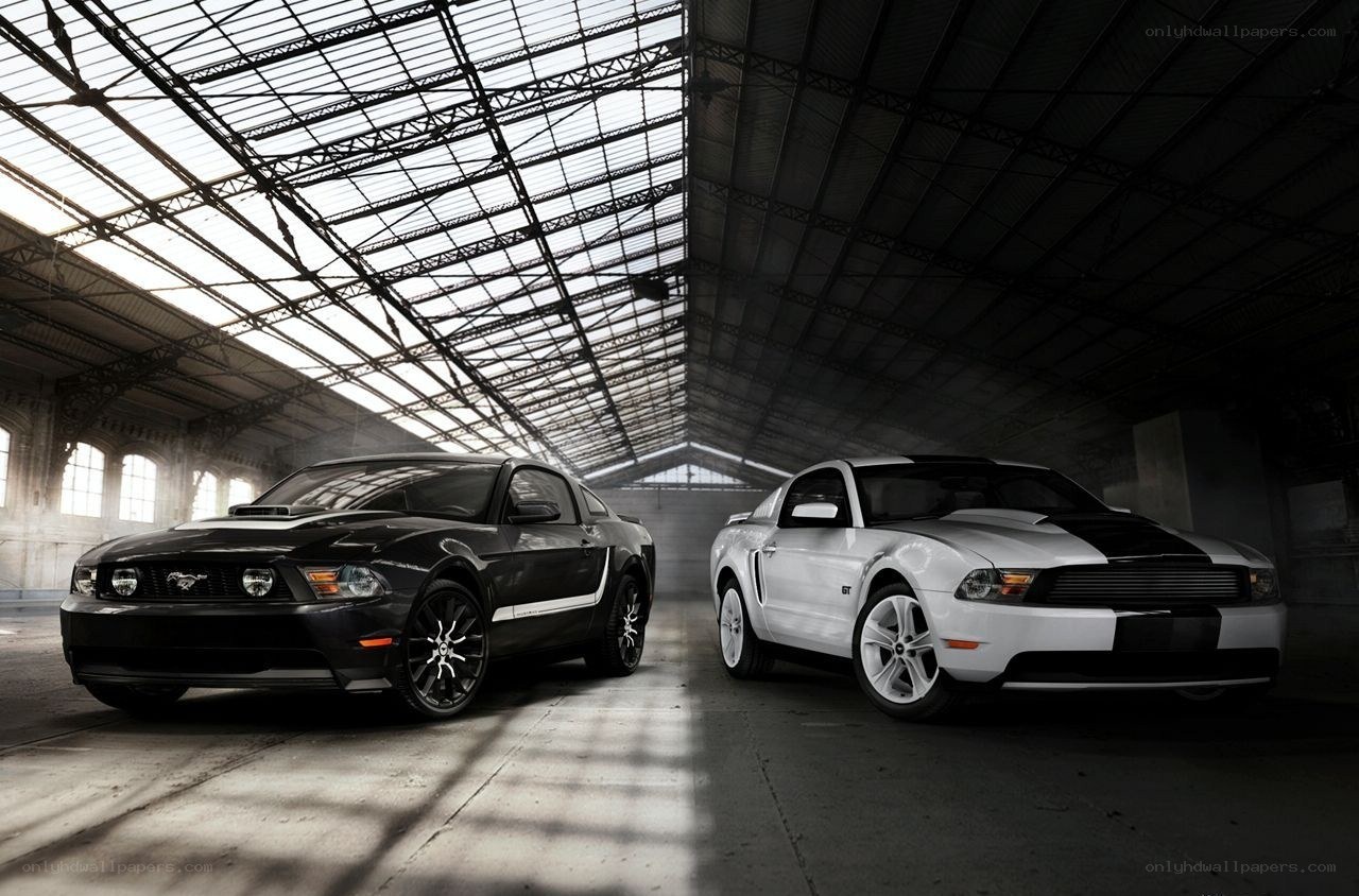 Two Ford Mustangs in a warehouse