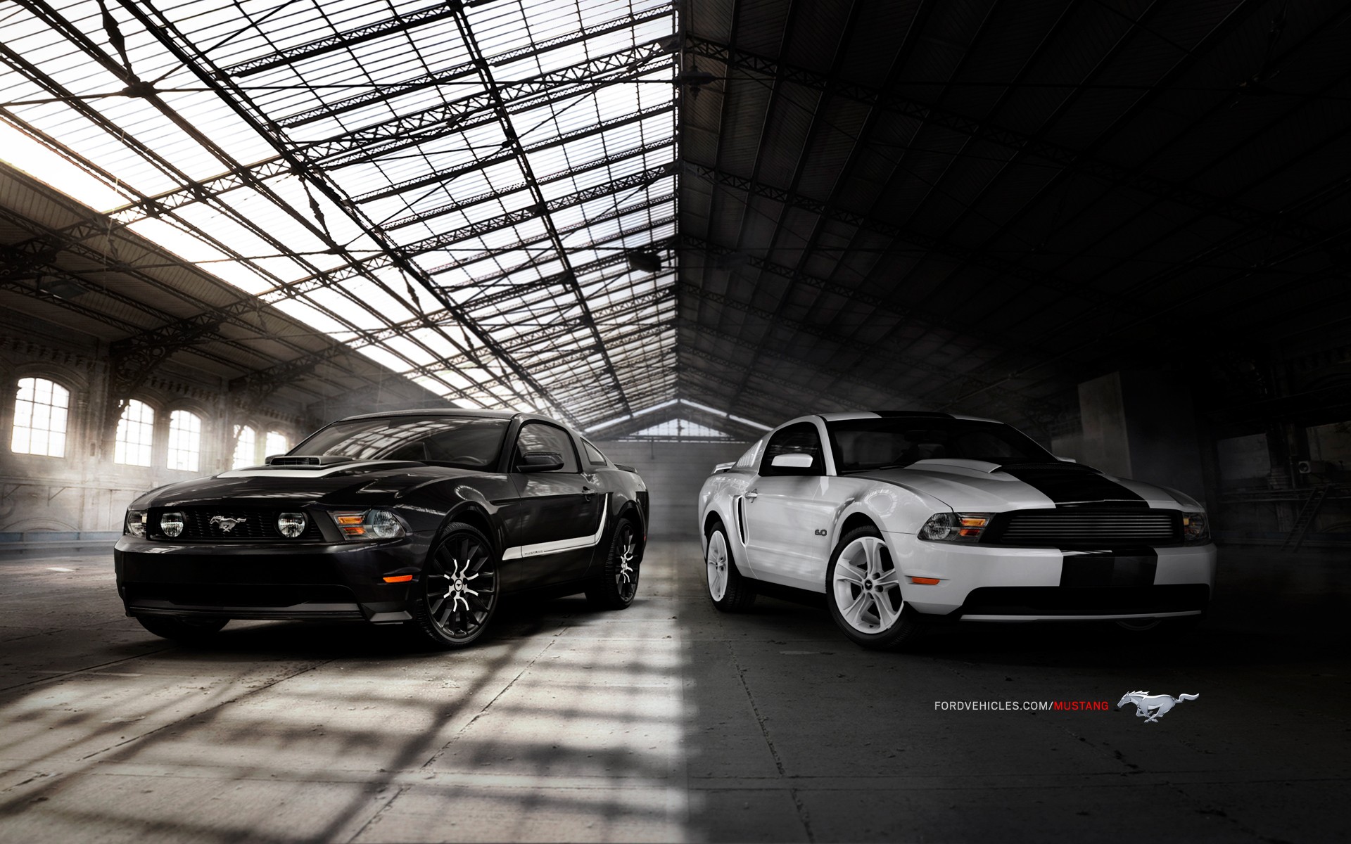 Two Ford Mustangs in a warehouse