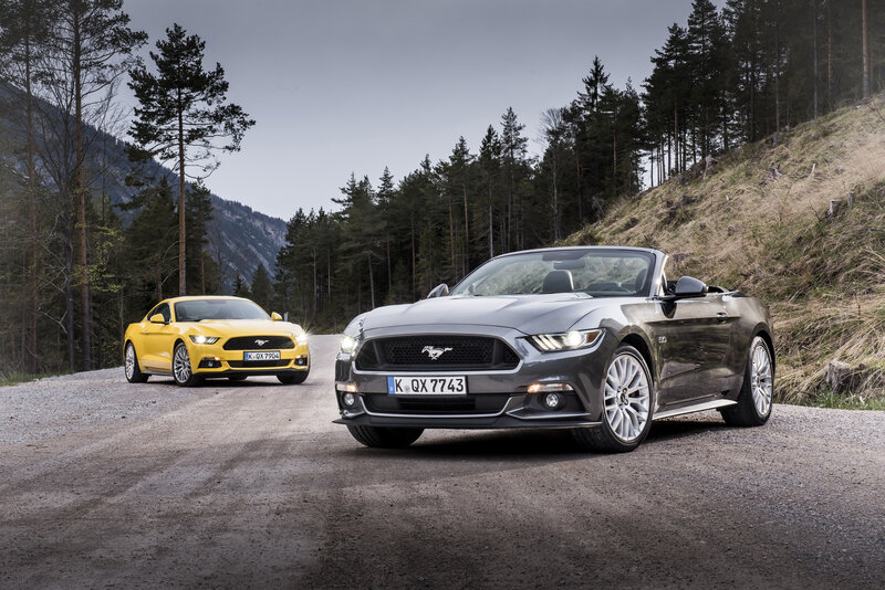 Two Ford Mustangs on a forest road