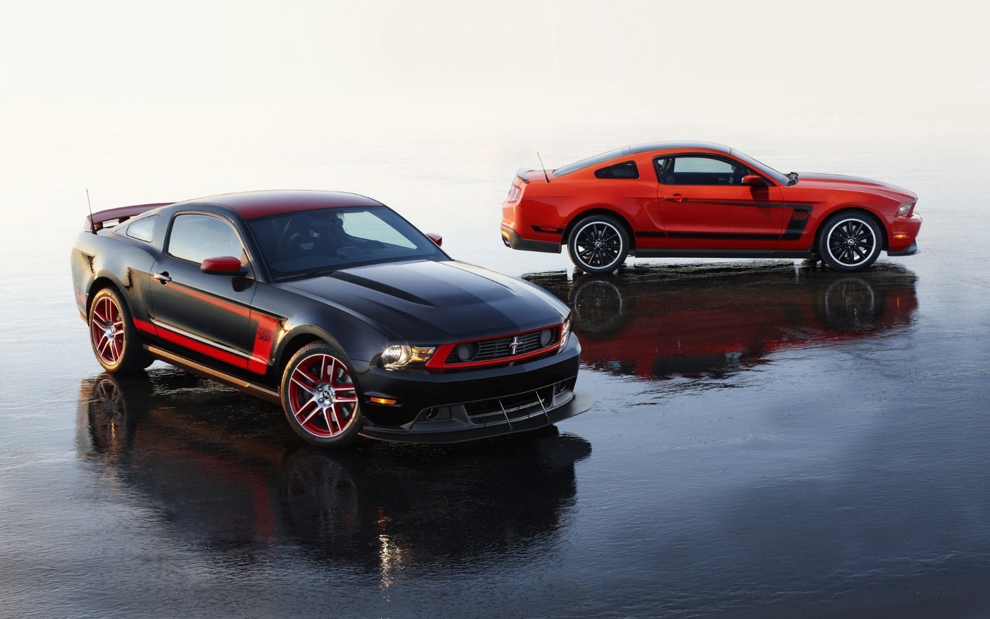Two Ford Mustangs on wet surface