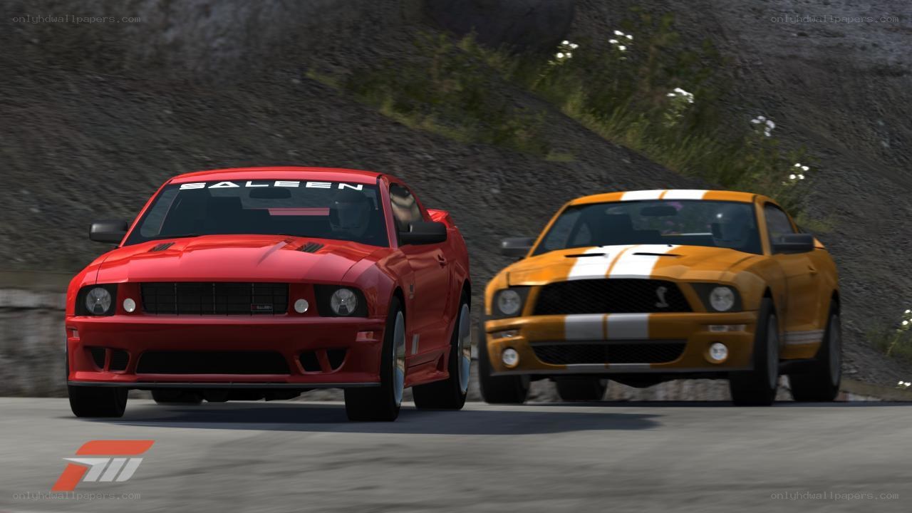 Two Ford Mustangs racing
