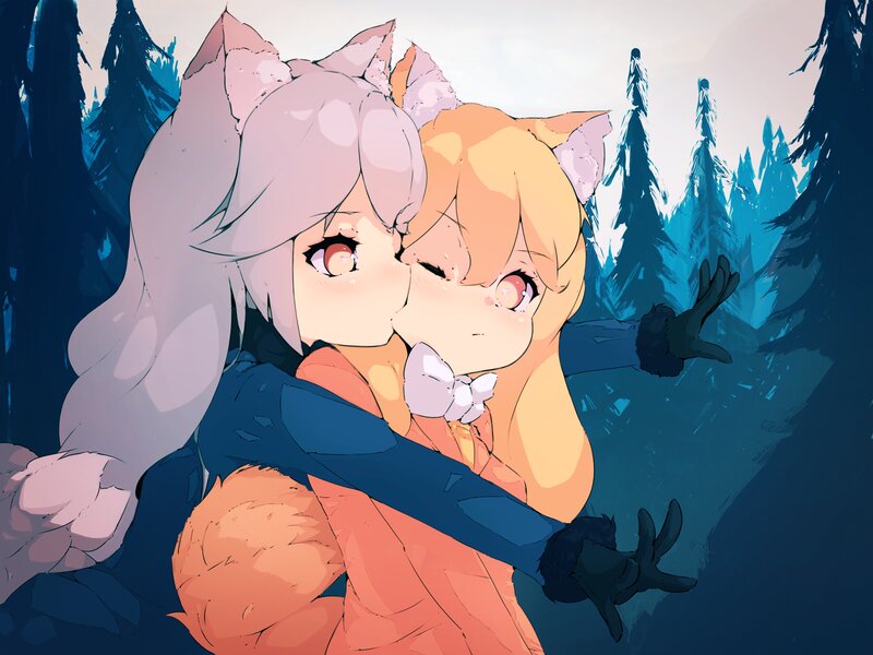 Two Fox Girls Hugging — Blue