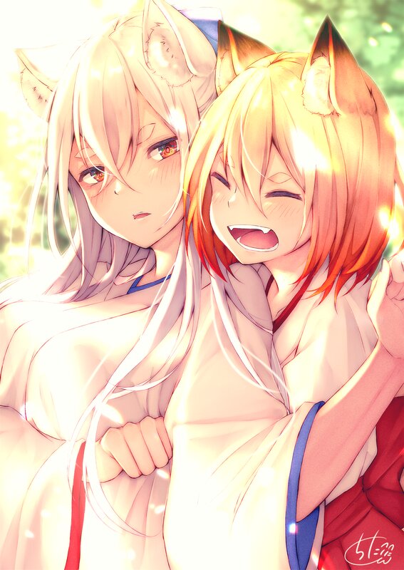 Two Fox Girls Hugging — White