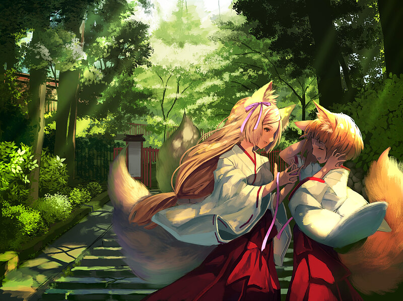 Two Fox Girls in Forest — Green, Serene