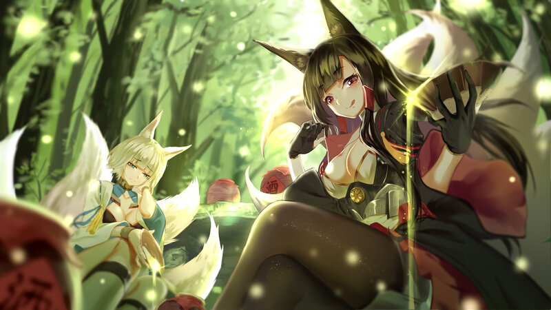 Two Fox Girls in Forest — Green