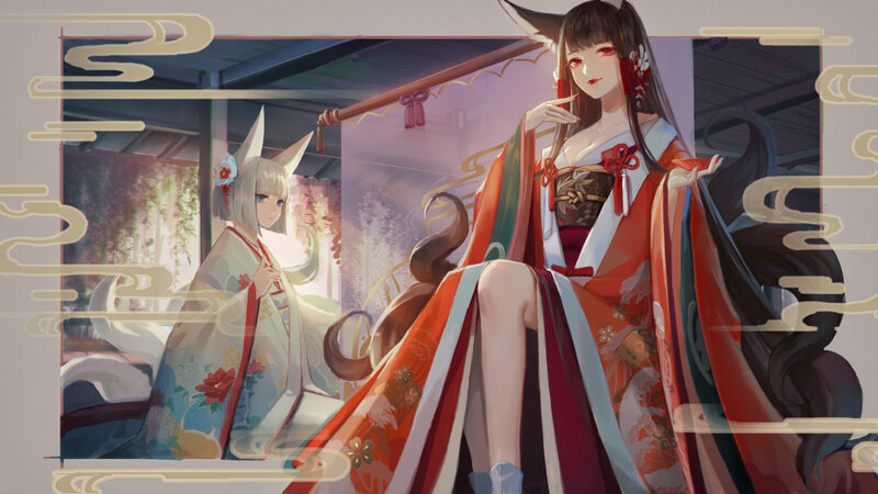 Two Fox Girls in Kimono — Red