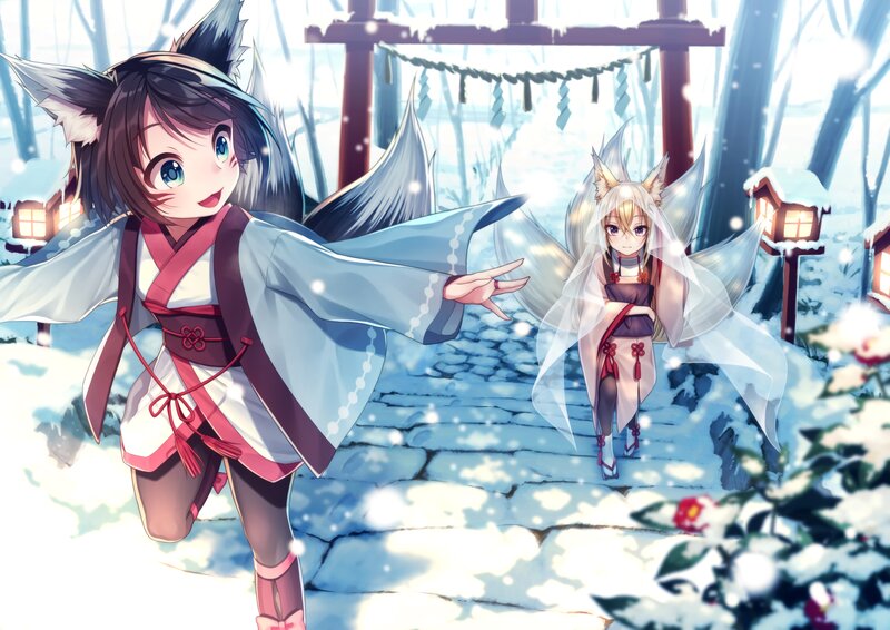 Two Fox Girls in Snow — White