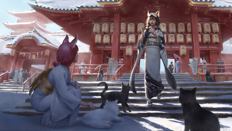 Two Fox Girls with Cats