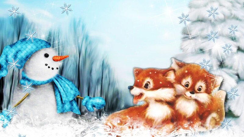 Two Fox Kits in Snow — Blue