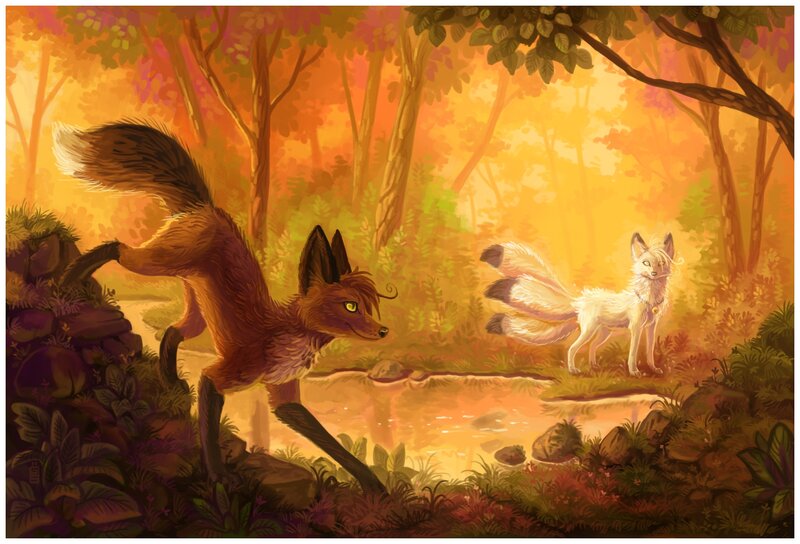 Two Foxes in Forest — Orange