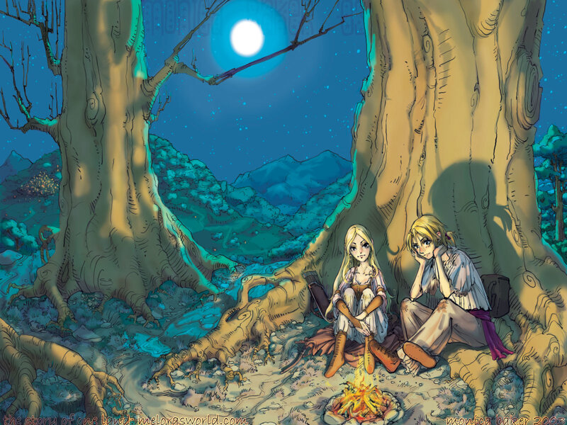 Two friends by a campfire