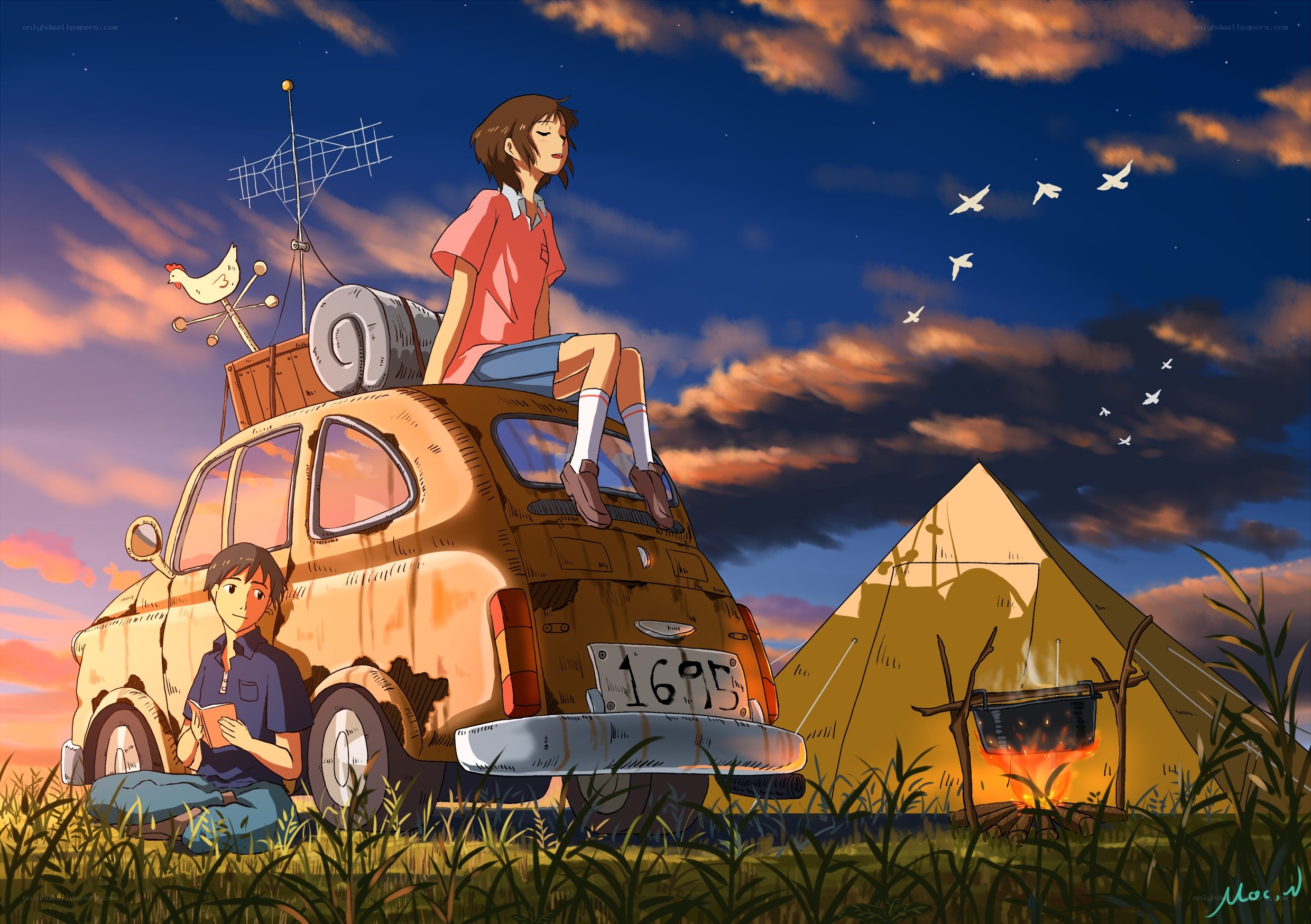 Two friends camping at dusk