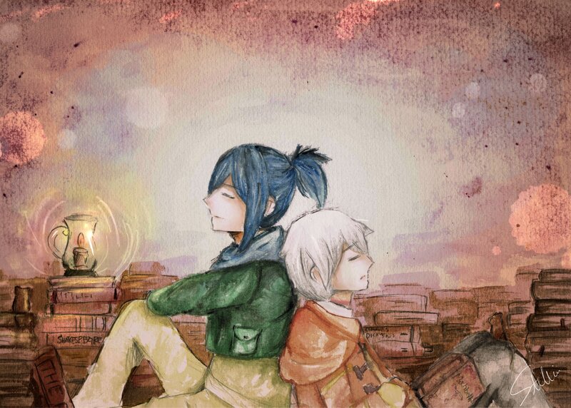 Two friends in a library