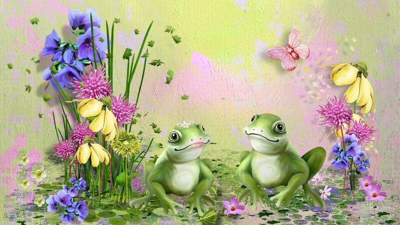 Two Frogs in Flowers
