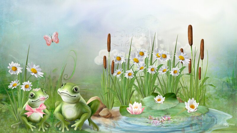 Two Frogs in Pond — Green, Serene