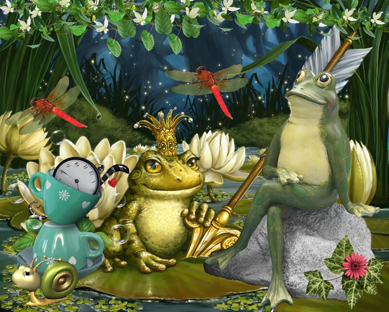 Two Frogs in Pond — Green