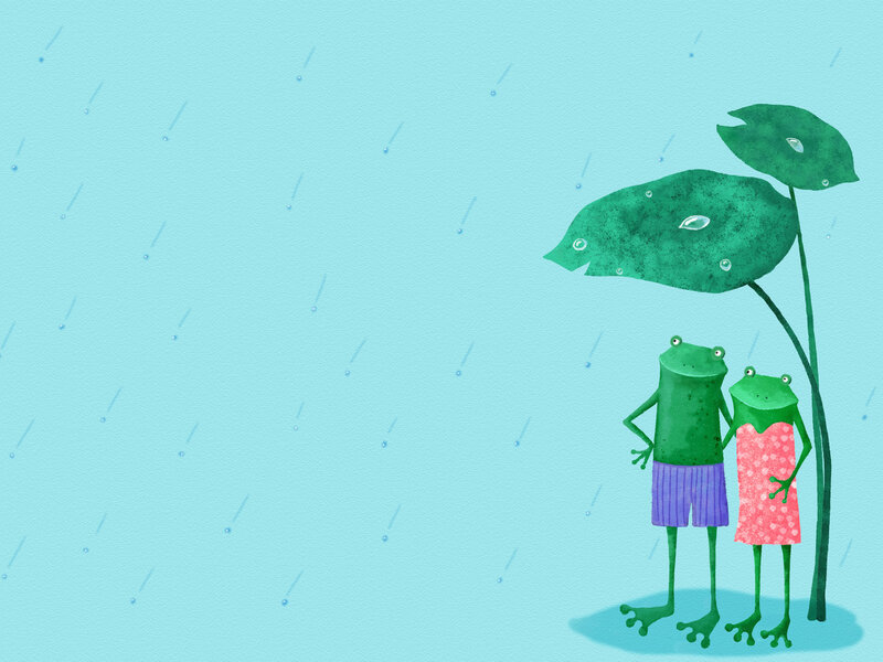 Two Frogs under a Leaf
