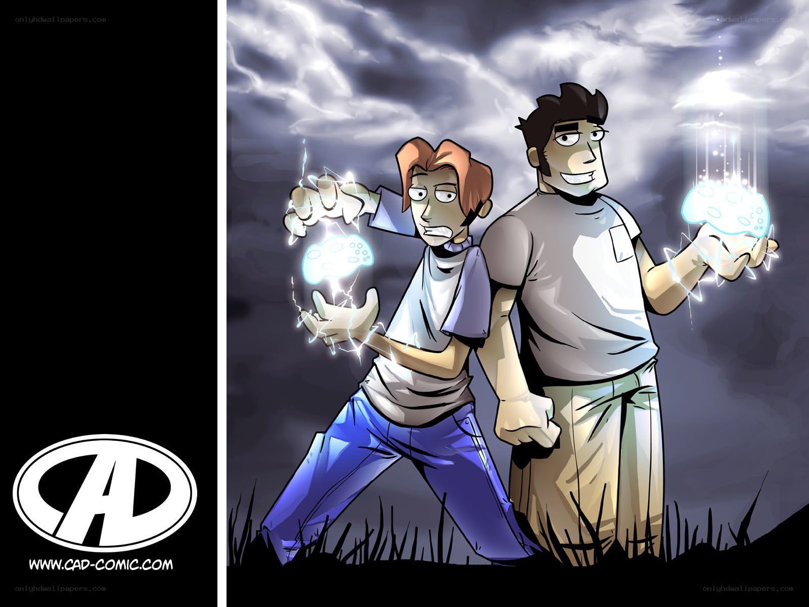 Two gamers with glowing controllers