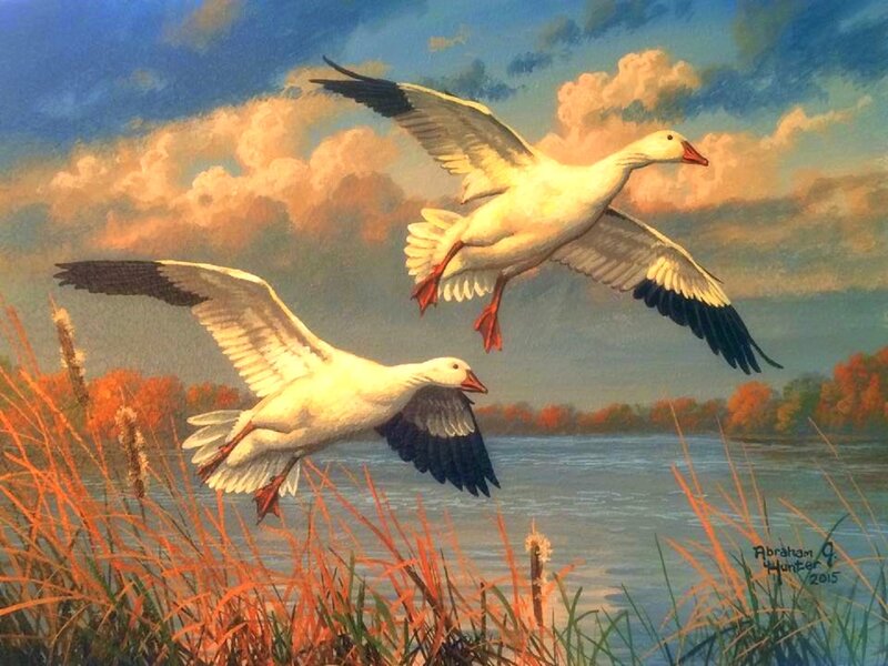 Two Geese Flying — Blue