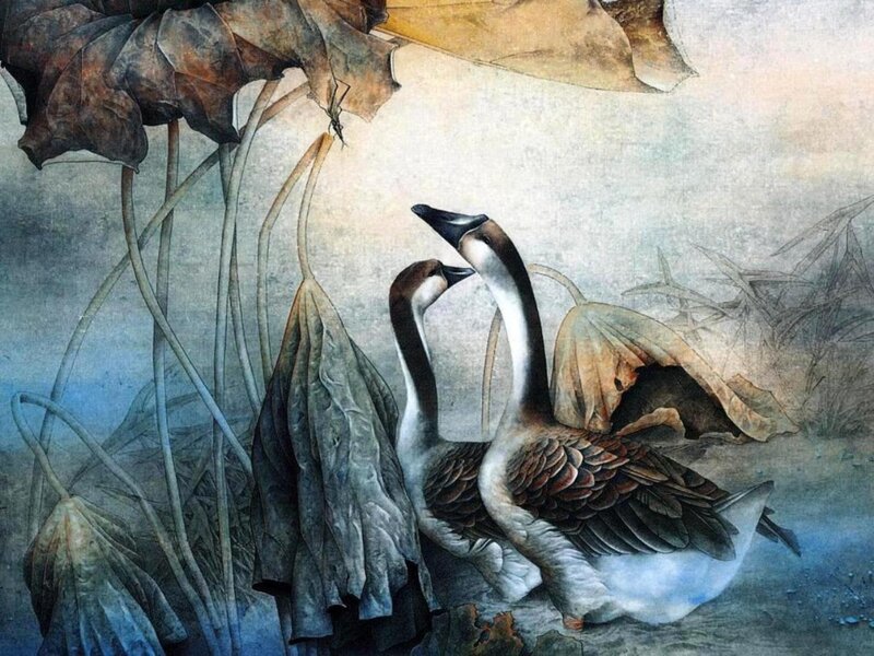 Two Geese in Pond — Blue