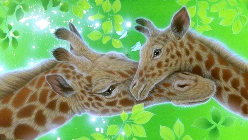 Two Giraffes Nuzzling — Green