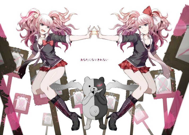 Two girls and a bear in school uniforms