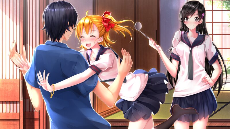 Two Girls and a Boy — Blue, Playful, Afternoon
