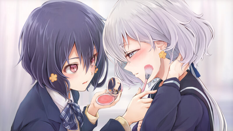 Two Girls Applying Makeup — Purple, Intimate
