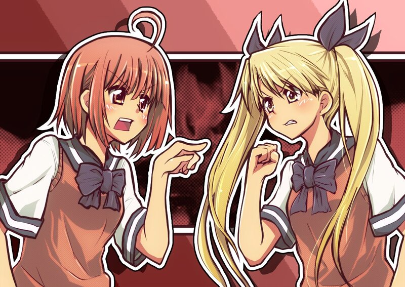 Two girls arguing in school uniforms