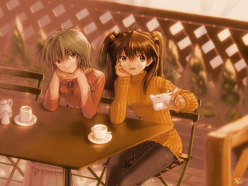 Two Girls at a Cafe Table — Brown, Calm